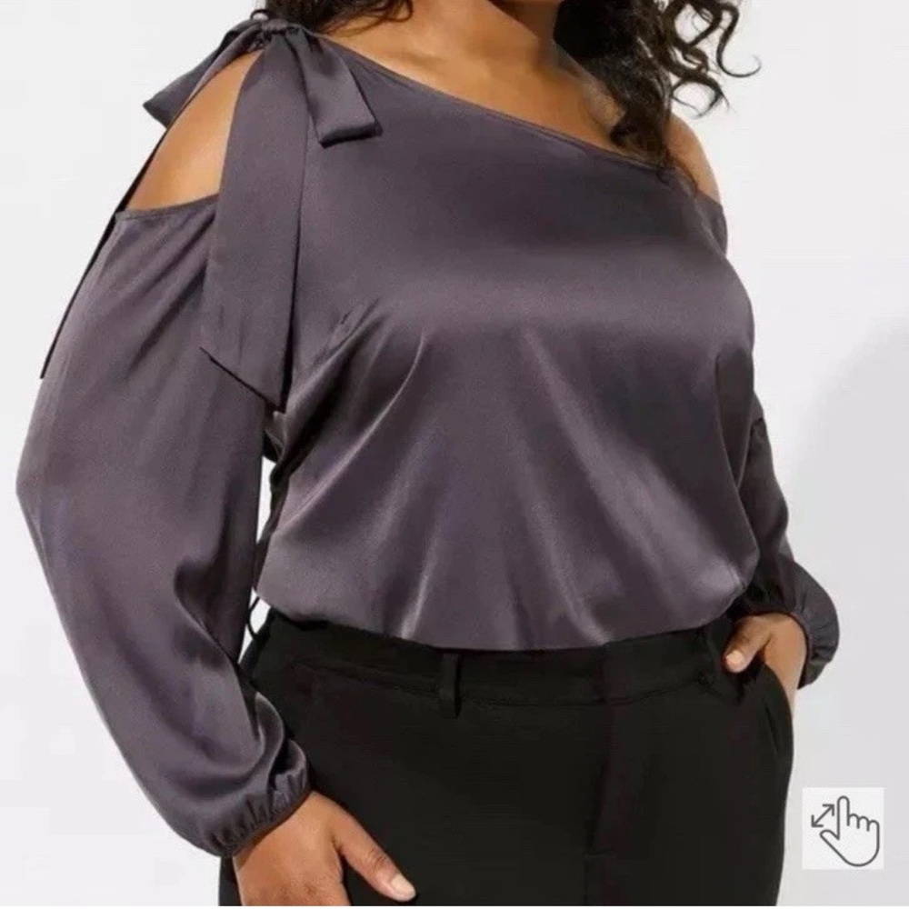 NWT TORRID womens plus size 3X gray satin tie front off shoulder long sleeve top